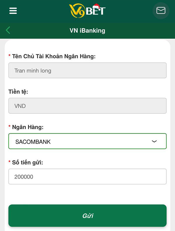 Gửi tiền V9bet - Cách Gửi tiền vào tài khoản V9bet chi tiết Gửi tiền V9bet - Cách Gửi tiền vào tài khoản V9bet chi tiết